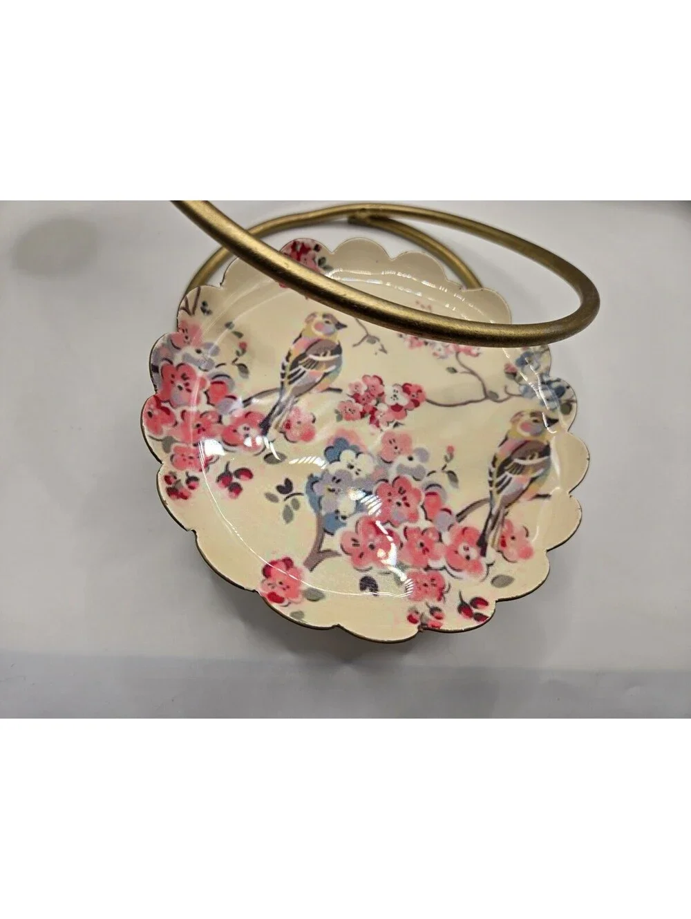 Vintage Chinoiserie 3-Tier Jewelry Dessert Vanity Stand Floral Bird Brass